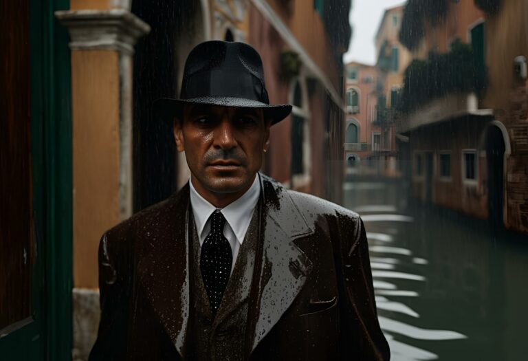 homme italien de 45 ans mafia bronzé brun avec un style vestimentaire de gangster des année 20 à Venise par temps de pluie