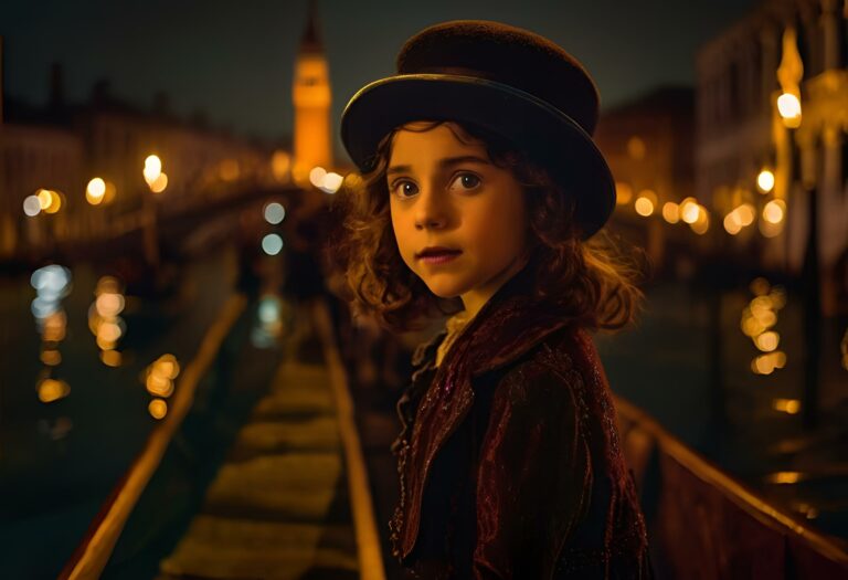 venise 1920 pendant le carnaval la nuit sur un pont fillette brune de 10 ans terrorisé par l'ombre d'un mafieux italien